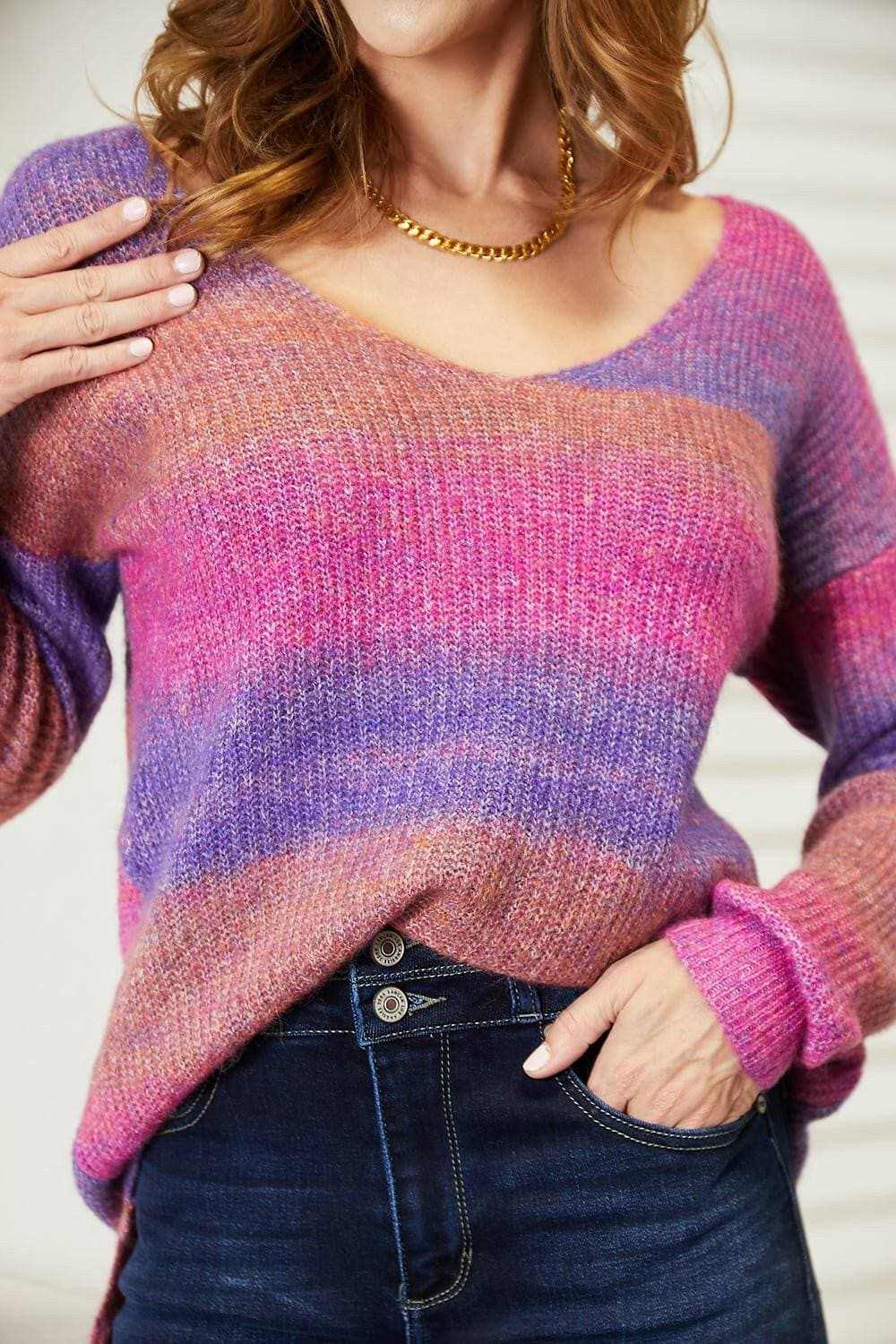 Chic ribbed v-neck pullover, multicolor - Love Salve